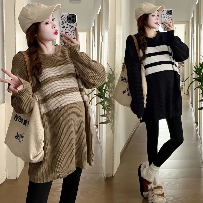 Westernized Pregnant Women'S Autumn And Winter New Korean Fashion Stripe Mid Length Sweater