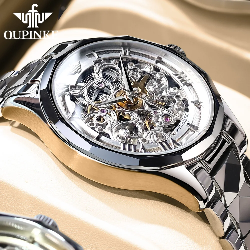 

OUPINKE Men Mechanical Wristwatches Skeleton Design Dial Automatic Watch Luxury Sapphire Waterproof Watches Relógio masculino