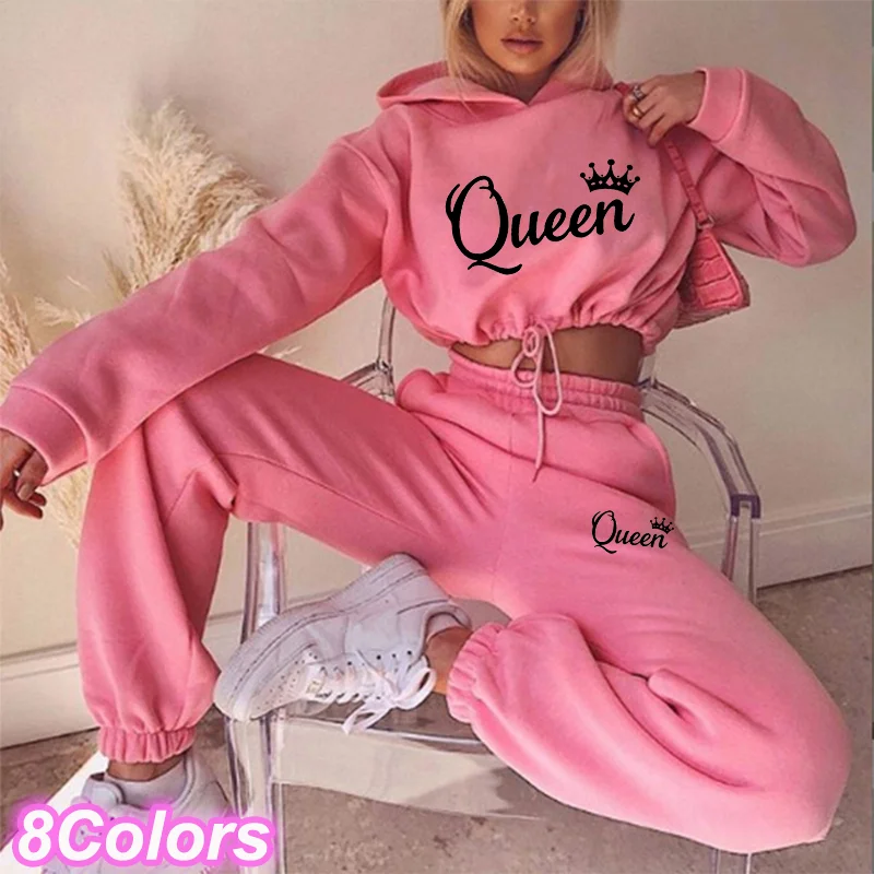 Новый женский спортивный костюм с принтом Queen, толстовка и брюки, повседневный спортивный костюм, зимний комплект из 2 предметов, 8 цветов, костюм для бега