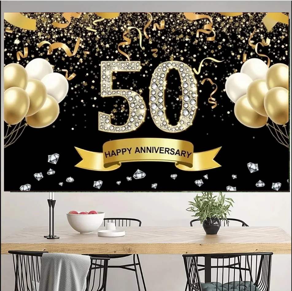 180*110cm Happy 50th Anniversary Backdrop Banner For Wedding Party