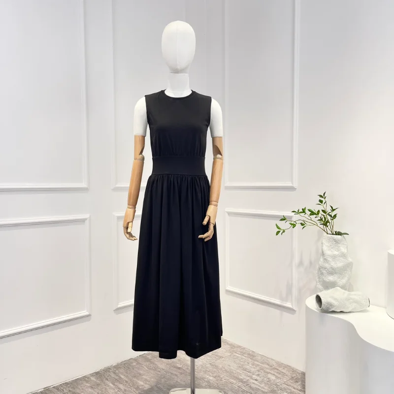 

2023 Summer Top Quality Solid Cotton Office Lady Pleated Sleeveless Mid-Calf Dress Modern Lady Classic Wearing