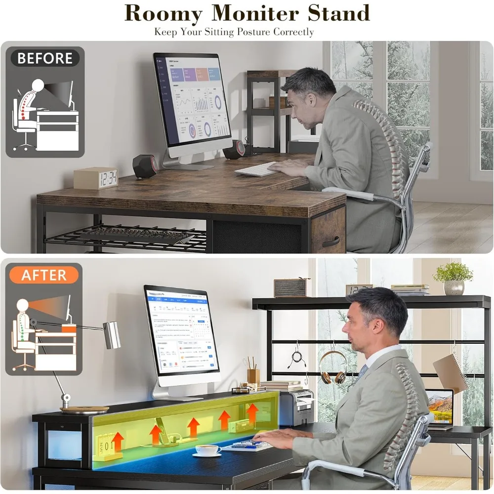 52" W Gaming Desk with Drawers Stable L Shaped Desk with 3 Power Outlets,USB Port & Type-C Port,L Shaped Gaming Desk 5