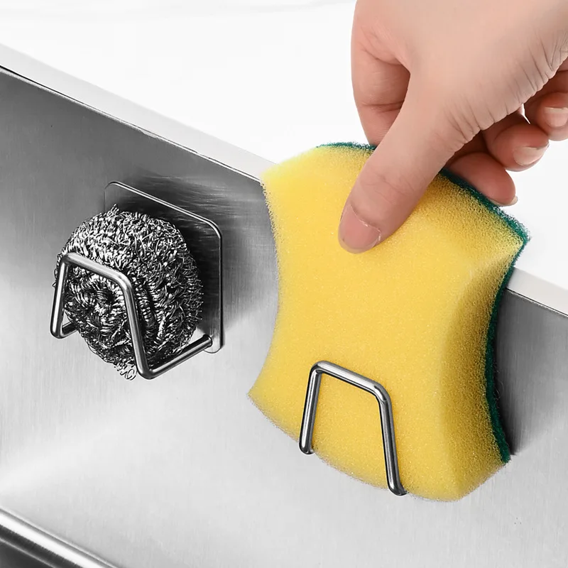 Kitchen Sink Sponge Rack Drain Storage Holder Self Adhesive Stainless Steel Wire Ball Rag Brush Organizer Wall Hooks