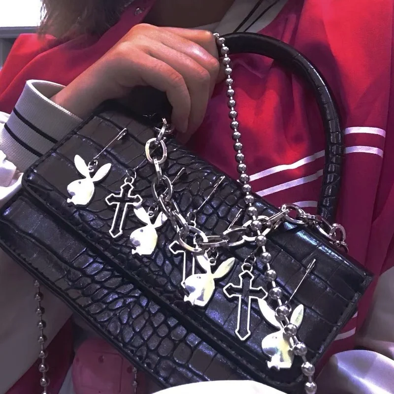 Harajuku Gothic Shoulder Bag Woman Metal Punk Moto Biker Style Female Handbags Cross Paper Clip Rabbit Dark Messenger Bag Purses