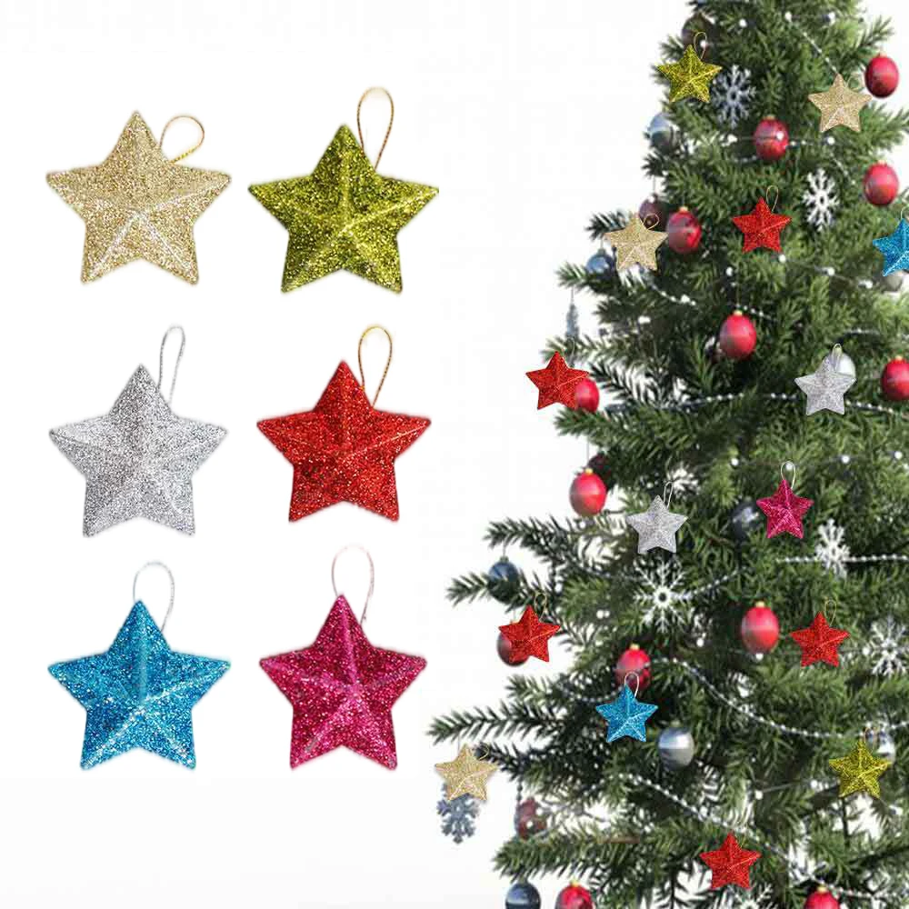 

6pcs Christmas Glitter Star Pendant Gold Silvery Red 3D Stars Christmas Tree Hanging Ornament DIY New Year Party Decoration 2024