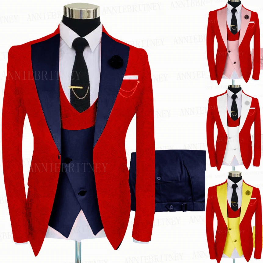 Jacquard Red Suit Men 3 Pieces Groom Wedding Tuxedo Slim Fit Prom Party Blazer Suit Jacket Double Breasted Vest Pants Set
