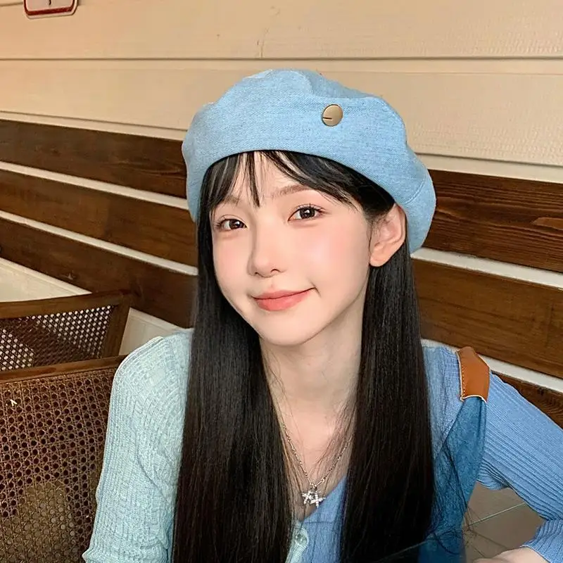 

Blue Berets Cotton Soft Thin Denim Cowboy Beret Cap Retro British Button Decoration Painter Hat Show Face Small Cute Women's Cap