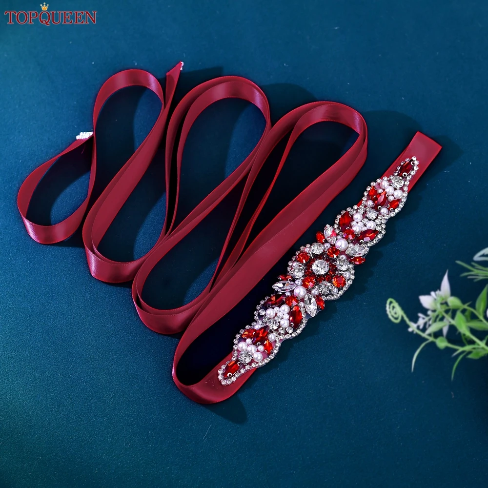 TOPQUEEN Popular Burgundy Jewelry Applique Bridal Belt