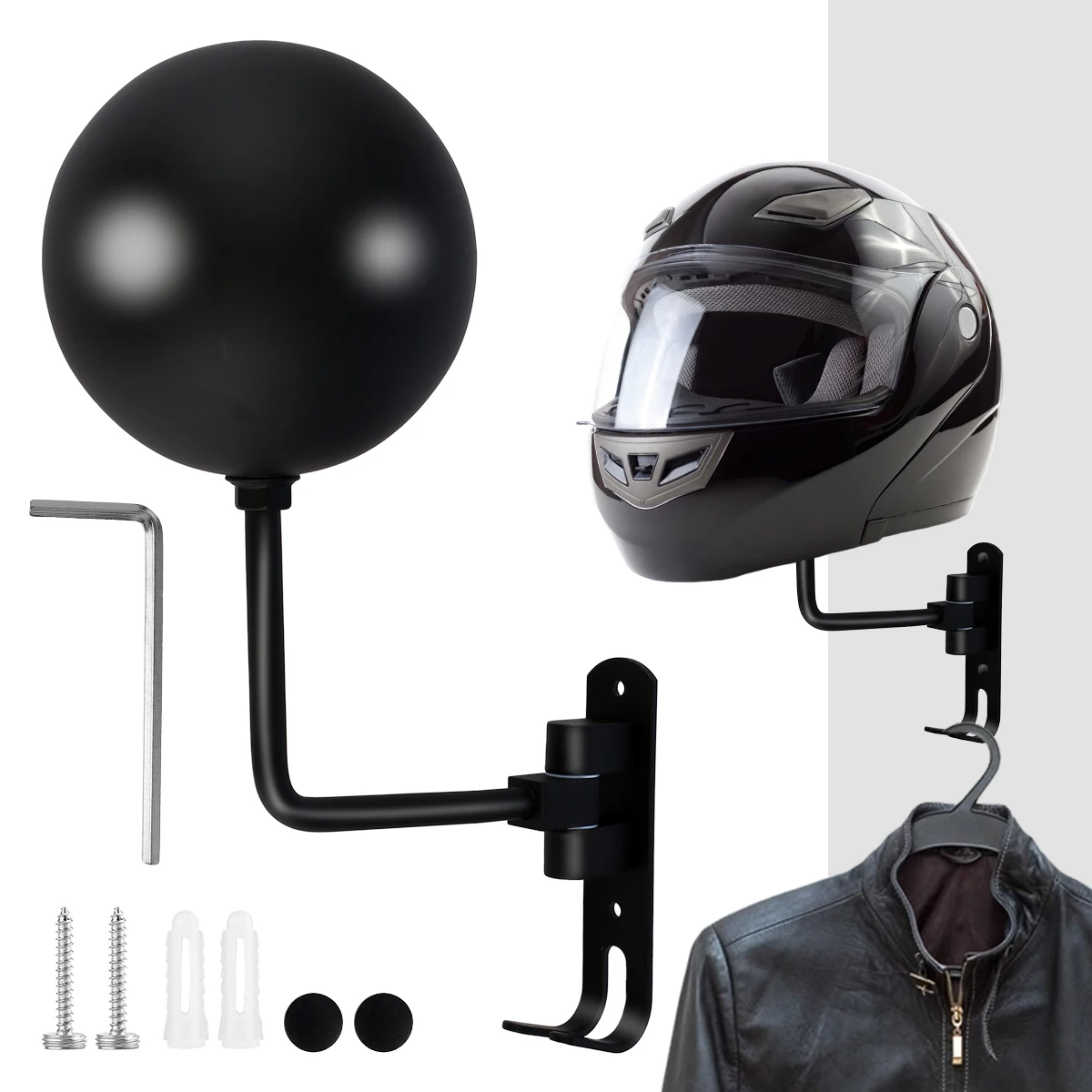 Estante de montaje en pared para casco de motocicleta, soporte de acero  antimanchas, colgador de casco con rotación de 180 grados, con doble gancho