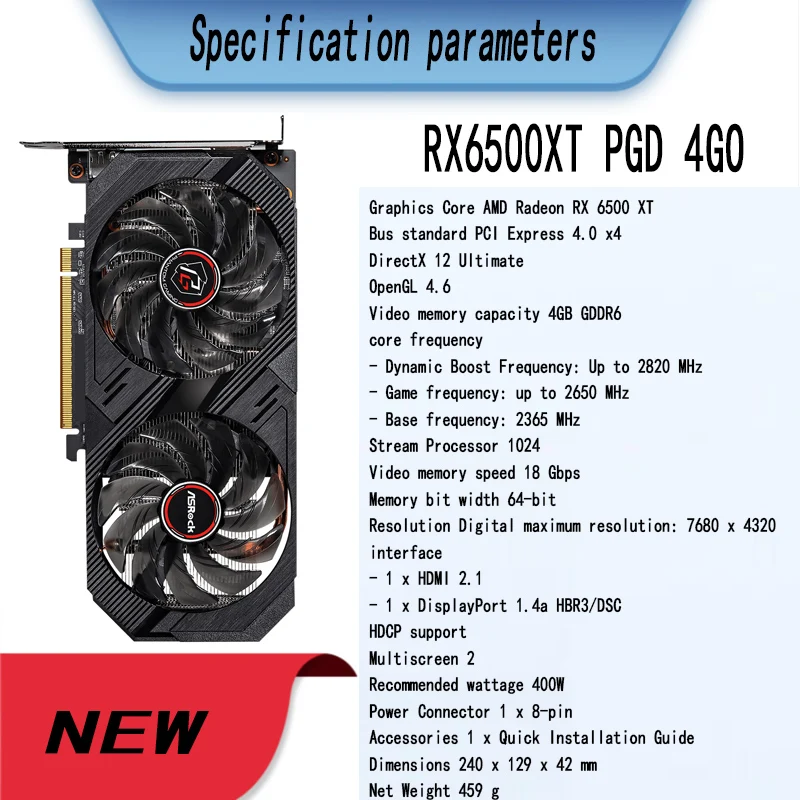 ASROCK AMD Radeon RX 6500 XT Phantom Gaming D 4GB OC NEW 6500XT 4G  18000MHz  GDDR6 64-bit  6nm graphics card for gaming pc