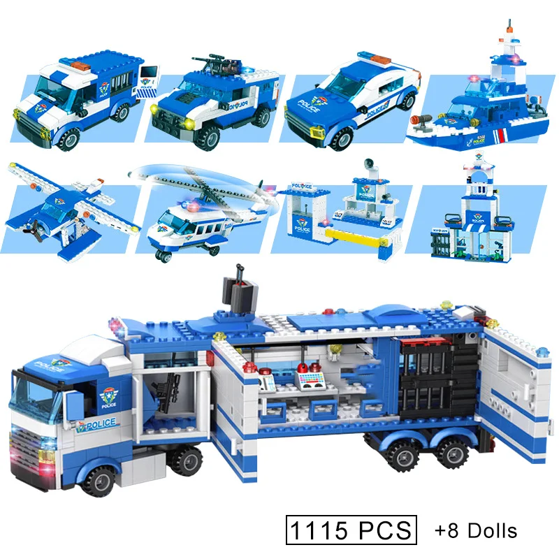 

1115Pcs City Police Command Vehicle Building Blocks Mobile SWAT Headquarters Car Helicopter Truck Boat Model Bricks Toys Kids