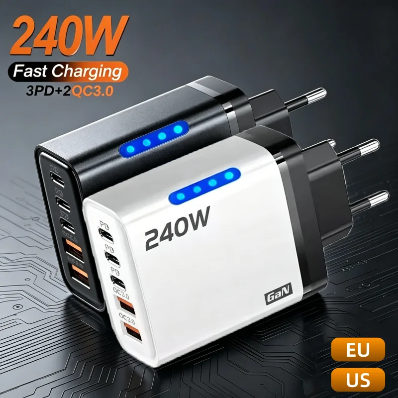 5 IN 1 GaN Desktop Charger for iPhone 17 16 Pro Laptop Samsung 240W Fast Charging Adapter 10A USB to Type-C Cable 3PD 2USB Charg