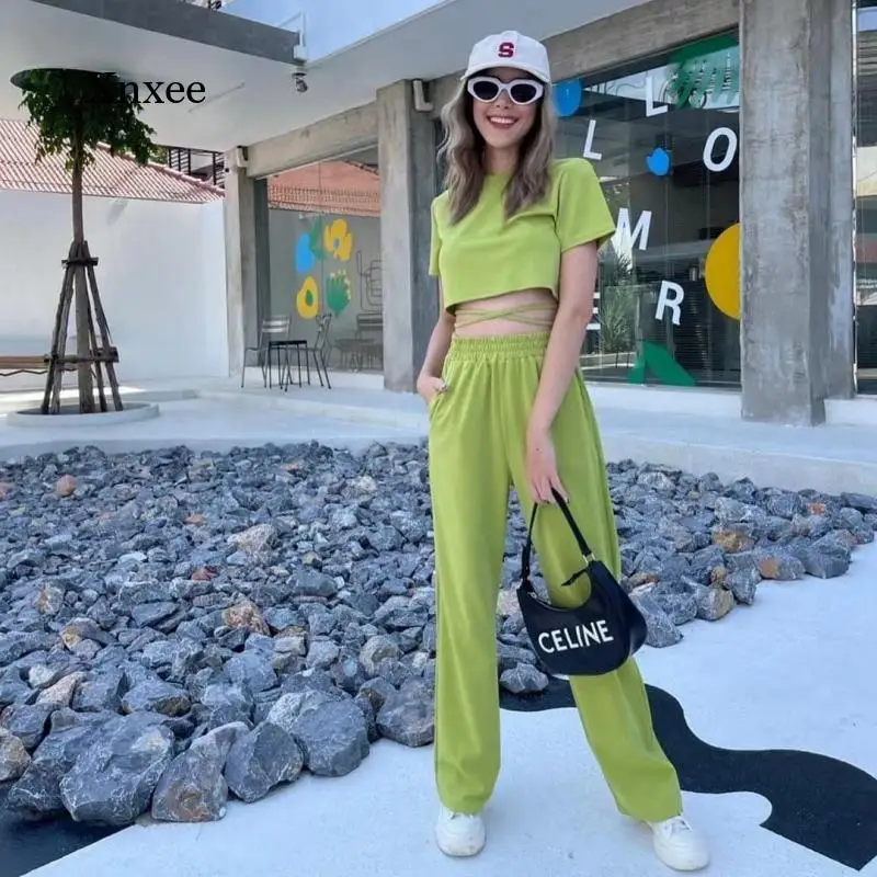 

Summer Fashion Sports Suit Women Loose Design Short T-Shirt Casual Wide Leg Pants Two-Piece Ins