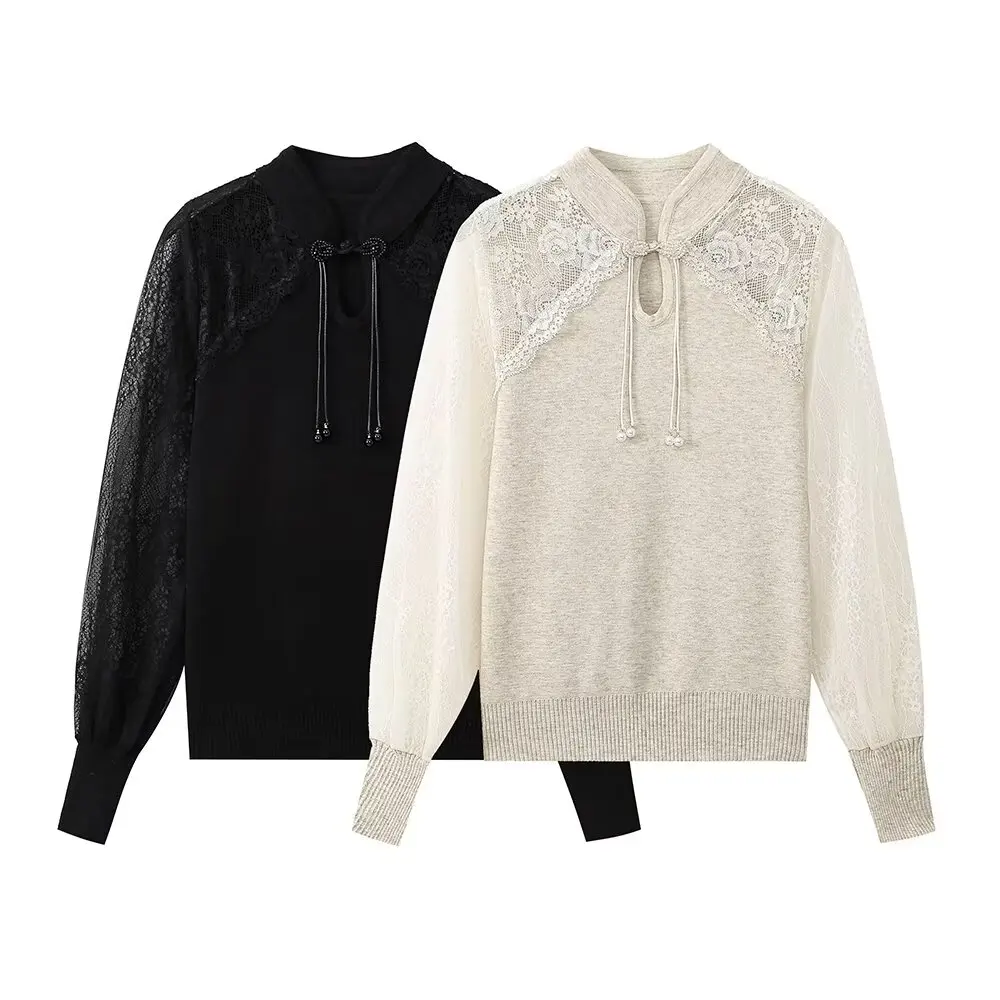 

Women New Fashion Bead Button Stitching Top Vintage Long-Sleeved Slim-Fit All-Match Casual Chic Female Pullovers Chic Tops