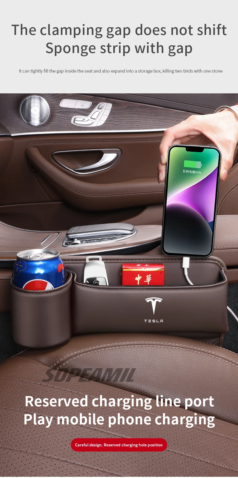 Car Leather Seat Gap Multifunction Crevice Water Cup Holder Storage Box Tesla Model 3 Model Y Model S Model X Cybertruck Beast