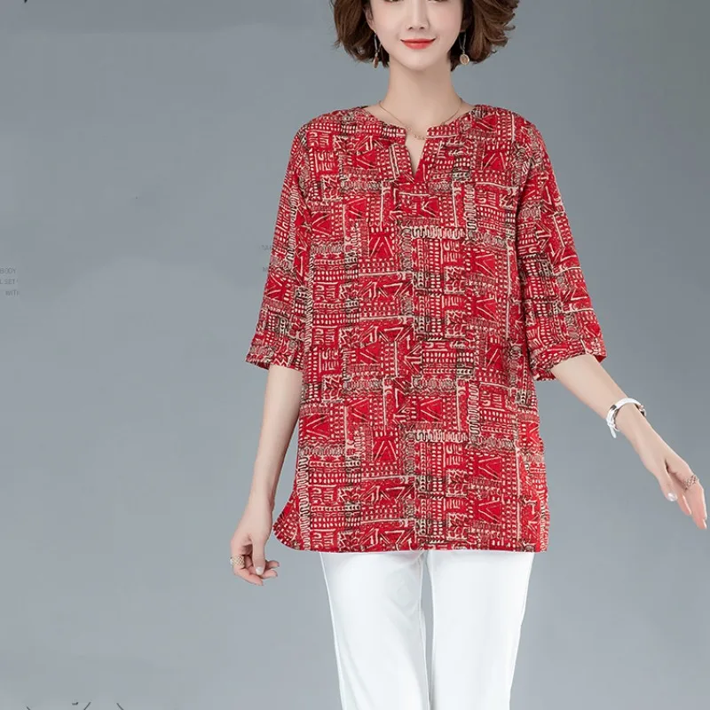 2024 New Temperament Printed V-neck Shirt Summer Women's Fashion Casual Commuting Loose Middle Sleeve Medium Length T-shirt Top sleeves colorful double crepe silk dress women s round neck flower bud sleeves loose medium length mulberry silk printed dress