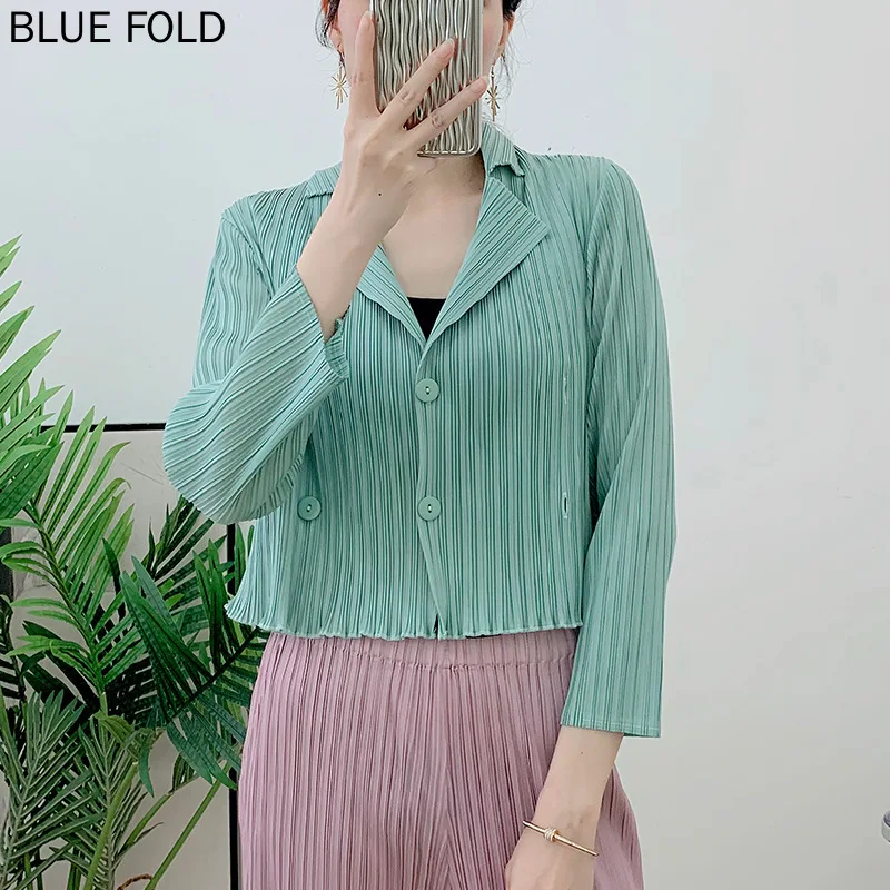 

MIYAKE костюм со складками куртка, новый свободный мятно-зеленый топ, женский дизайн, Однорядный Кардиган со складками и пряжкой, модная женская одежда