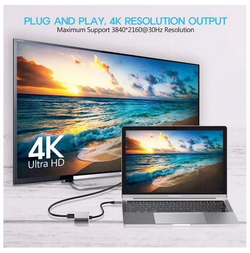 4K USB-C to HDMI/VGA Adapter with USB 3.0 Hub for Monitors, PCs, Phones, and TVs