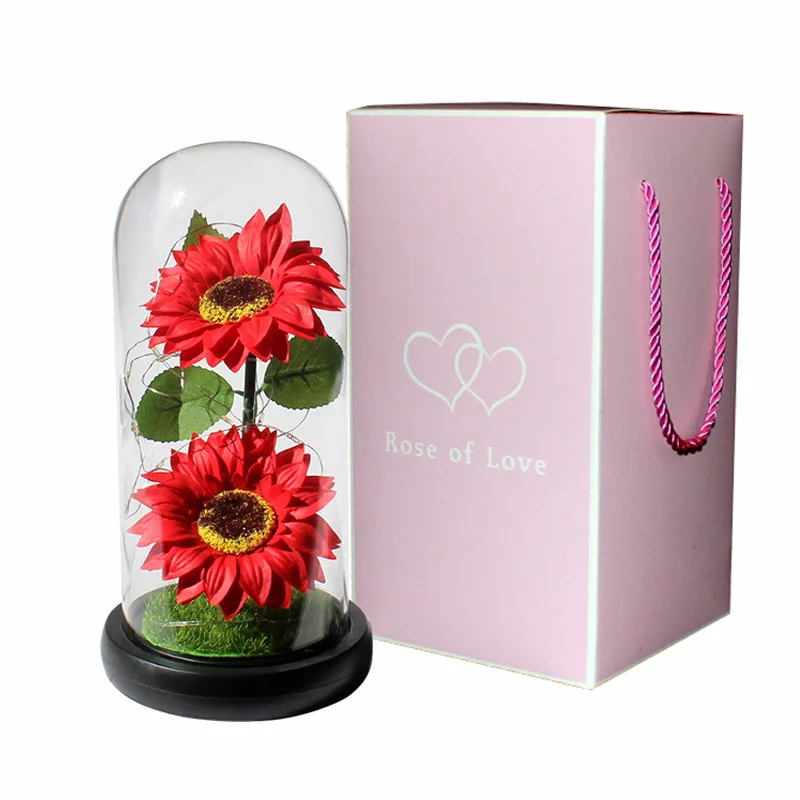 Enchanted Galaxy Glass Rose with Illuminated Crystal Flower and Butterfly Moth in Glass Dome