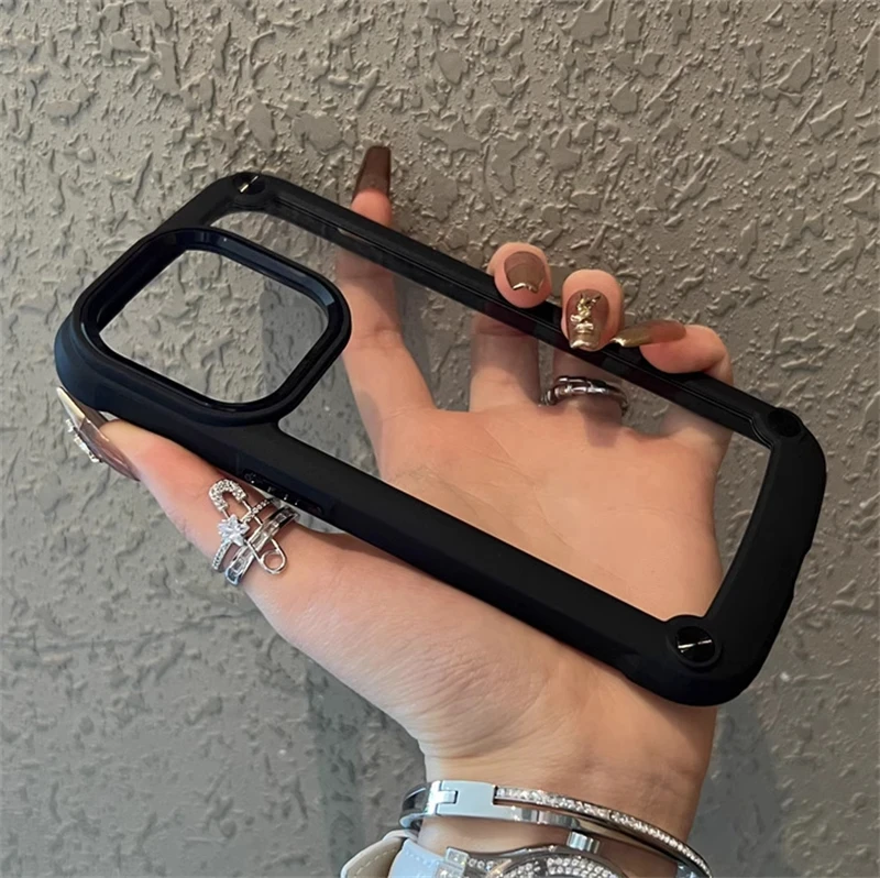 Shockproof Armor Clear Phone Case with Transparent Acrylic and Metal Button Hard Bumper Cover