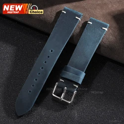 Vintage Leather Oil Wax Band Wristband Replacement Bracelet - 22mm (Blue)