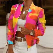 

VONDA 2022 Vintage Spring Women Coats Printed Zipper Veste Overcoat Sexy V Neck Short Jackets Femme Long Sleeve Pleated Poncho
