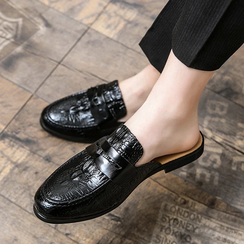 

Summer British Style Muller Shoes Casual Mens Half Drag Loafers Leather Crocodile Pattern Slippers Breathable Slip-on Mens Shoes