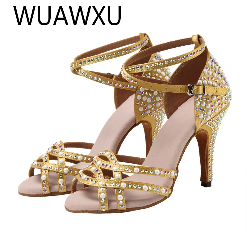 Women's party dancing shoes Women's satin shiny rhinestone soft soled Latin dancing shoes Women's salsa dancing shoes Heels 5CM-