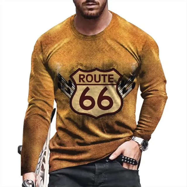 Autumn US66 Printed T-Shirt 3d Vintage Cotton Round Neck Street Pullover New 2022 Fashion Men'S Loose Long Sleeve T-Shirt 5xl 3