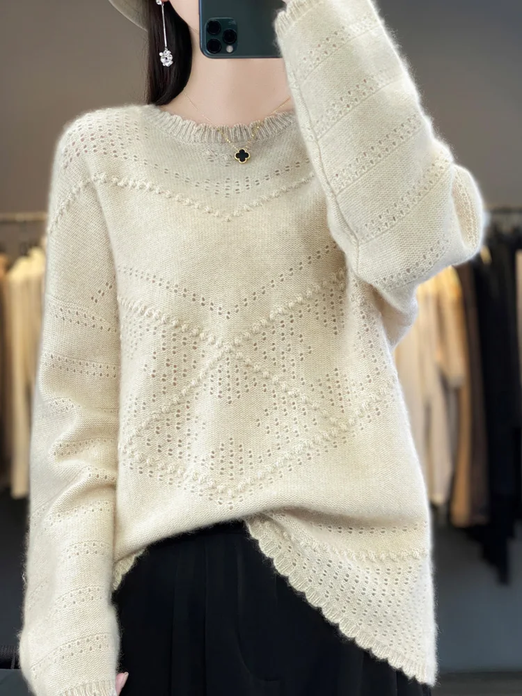 

Women's Sweater 100% Australia Wool O-neck Pullover Long Sleeve Knitted Hollow Out Jumper Cashmere Fashion OuterwearNew Arrivals