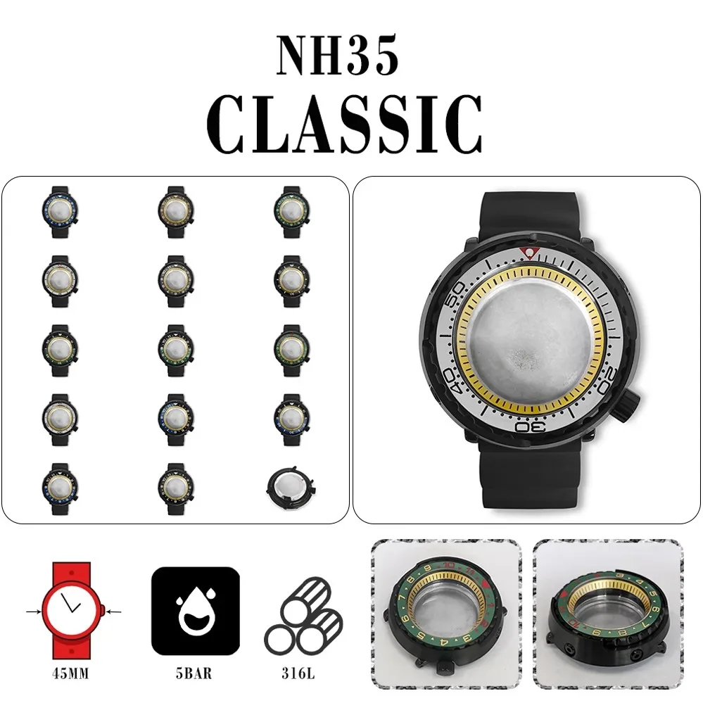 

PVD Black 45mm Canned Case + Yellow Inner Shadow + Black Rubber Strap Compatible with NH35/NH36 movements