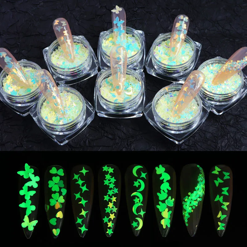

1 bottled Luminous Nail Sequins Glow In The Dark Flake Star Butterfly Love Bunny Nail Art Decorations Accessories