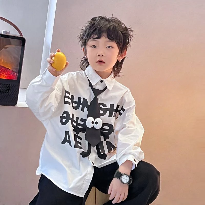 Children's Shirts Kids Boys Letter Tie Long Sleeve Baby Academy Style Cotton Shirt Spring Autumn Teen Boy Outerwear