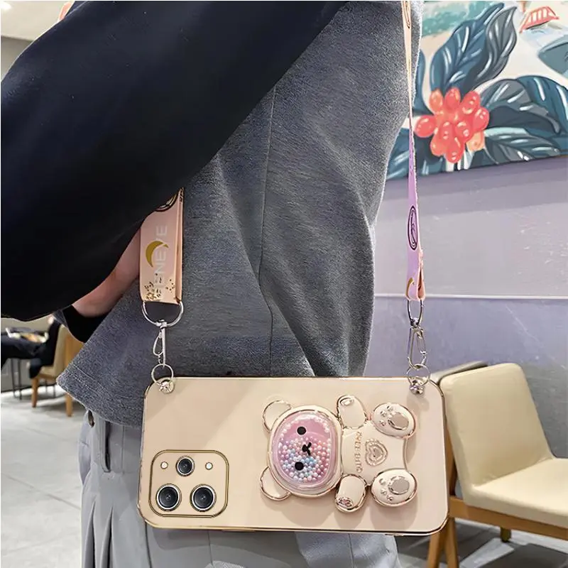 Quicksand Bear Holder Lanyard Phone Case For Xiaomi Redmi Note 12s 12 Pro Plus 4G 5G 12C Strap Stand Cover_voghion.com