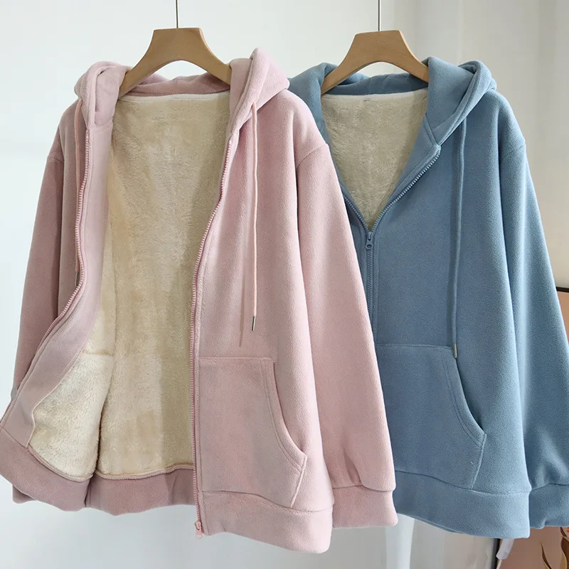 

Lamb Wool Zippered Jacket for Women Autumn Winter Loose Casual Hooded Cardigan Plush Thickened Top Women's Clothing