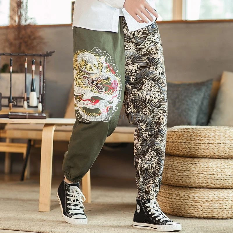 chinese style pants men autumn winter embroidered ankle pants loose haren trend large size martial arts casual