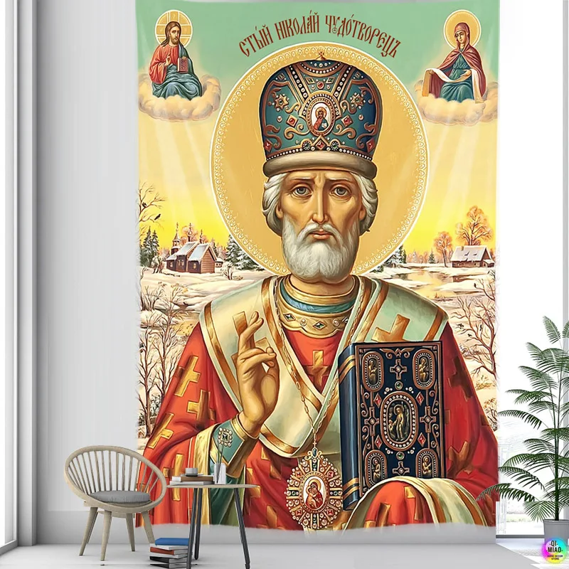 그리스도 태피스트리 ST. Nicholas 크리스마스 예수 홈 장식 천사 거룩한 아이콘 방 장식 벽걸이 기독교 휴일