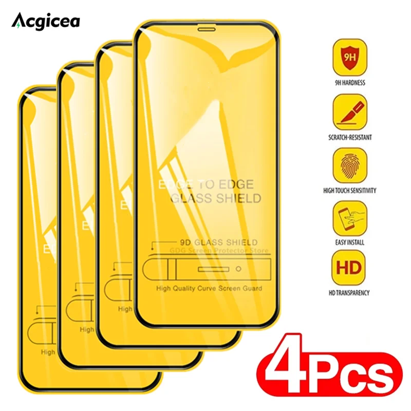 4PCS Tempered Glass Black Border For IPhone 14 13 12 11 Pro Max For X