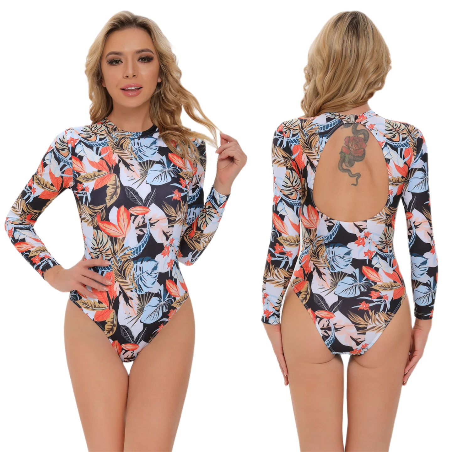 

Summer Women Backless Bikini Long Sleeved Triangle Shorts Rash Guards Surfing One Piece Suit Snorkeling Windsurfing Swimwear