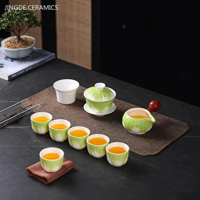 

Custom High-end Mutton Fat Jade Porcelain Tea Set Handmade Cabbage Gaiwan Fair Cup Teaware Chinese Beauty Tea Infuser