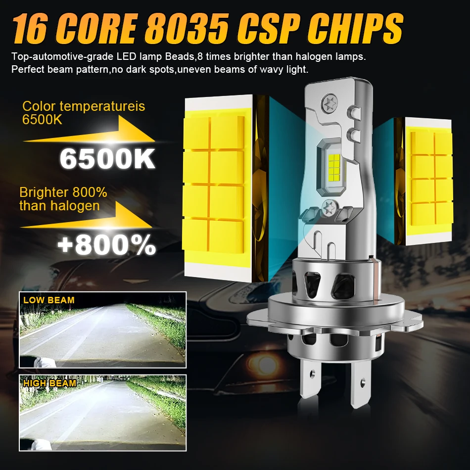 Dualvision H7 H4 LED Headlight 6500K White High Low Beam Car Light 16PCS 8035 CSP Turbo Fan 1:1 Mini Auto Led Lamp 12V 24V Truck