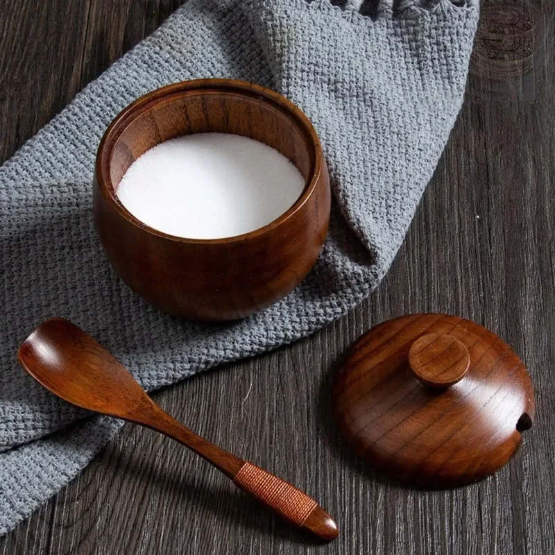 Wooden Salt Cellar with Lid and Spoon - Spice, Sugar, and Seasoning Box with Wooden Tray - Image 4