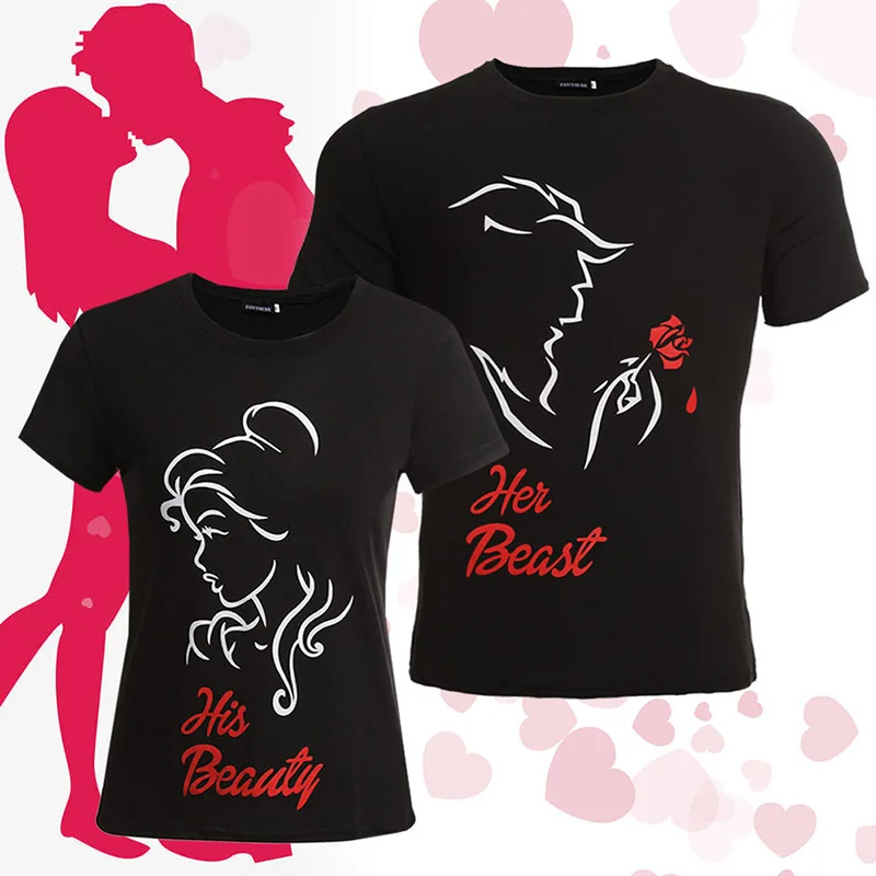 

His Beauty Her Beast Print Couple T Shirt Short Sleeve O Neck Loose King Queen Tshirt Fashion Lovers Tee Shirt Tops Rose Clothes