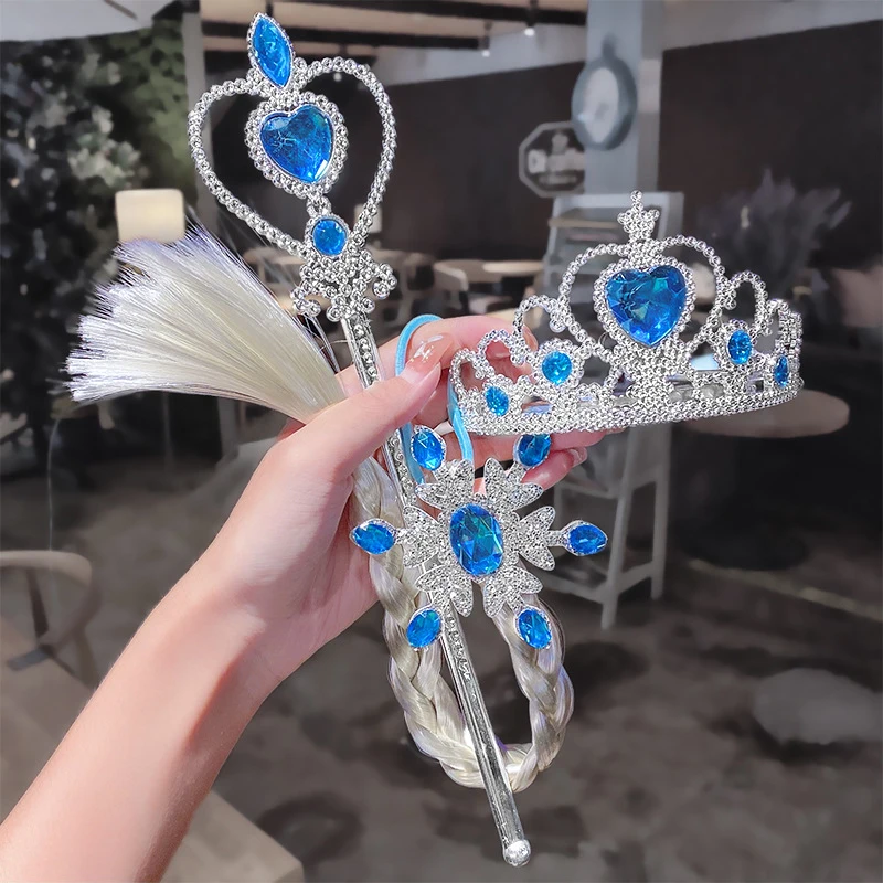3Pcs/Set Little Girls Elsa Magic Wand Queen Crown Snowflake Weaving Braid Cosplay Props Kids Play Toys Crystal Accessories