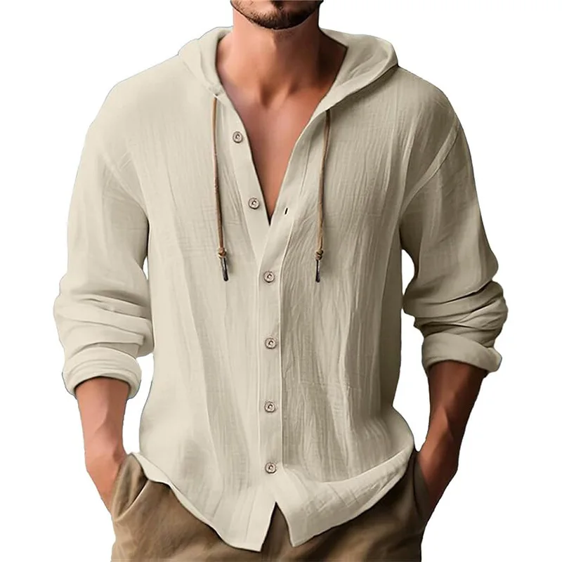 thumbnail image 1 of Camisa casual de color sólido para hombre, cárdigan de algodón y lino con capucha y cordón, camiseta de playa holgada moderna y versátil, 1 of 4