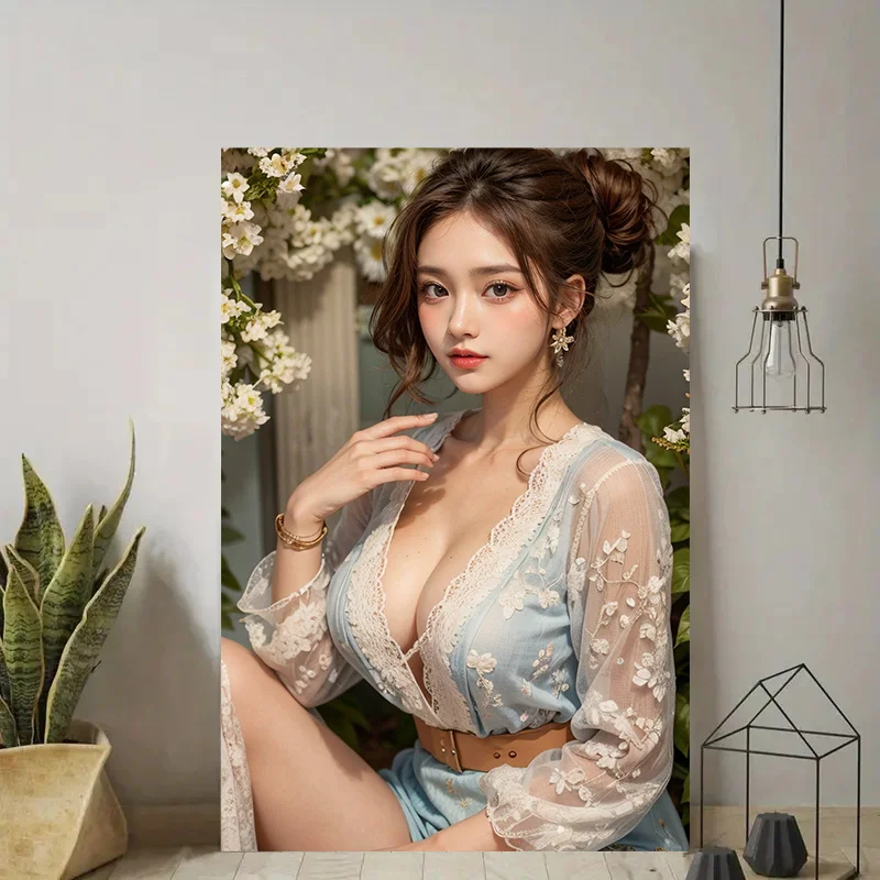 HD 금속 양철 간판, 하늘색 레이스 꽃무늬 드레스를 입은 우아한 아시아 여성, 흰색 꽃밭 풍경, 빈티지 벽 장식, 레트로 2