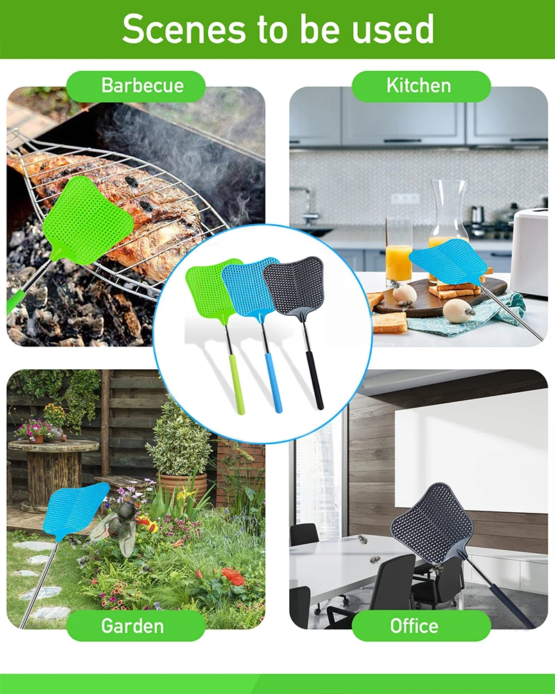 Telescopic  Fly Swatter Plastic Large Bug Swatter That Work with Stainless Steel Extendable Handles for Indoor and Outdoor
