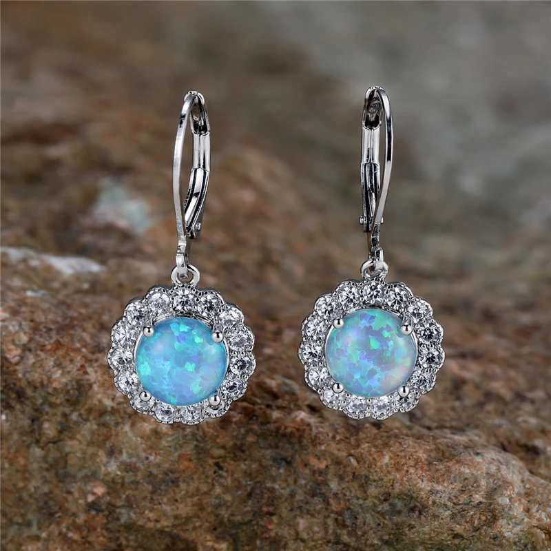 Cute White Blue Fire Opal Stone Round Hoop Earrings For Women Charm Female Silver Color Wedding Jewelry Gift