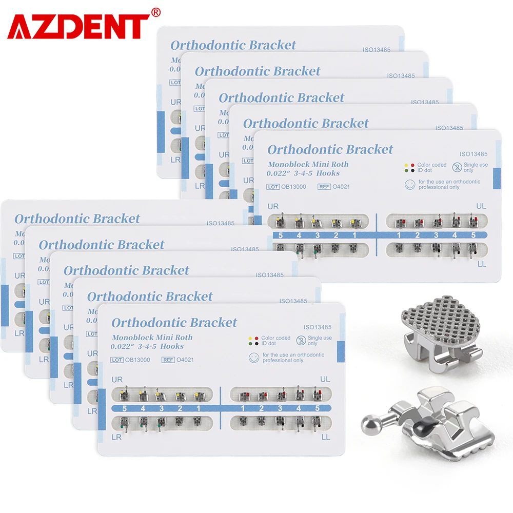 

AZDENT 200pcs/10 Packs Orthodontic Brace Dental Brackets Metal Mini Dentistry Tool Roth/MBT 022/018 with 3/345 Hooks