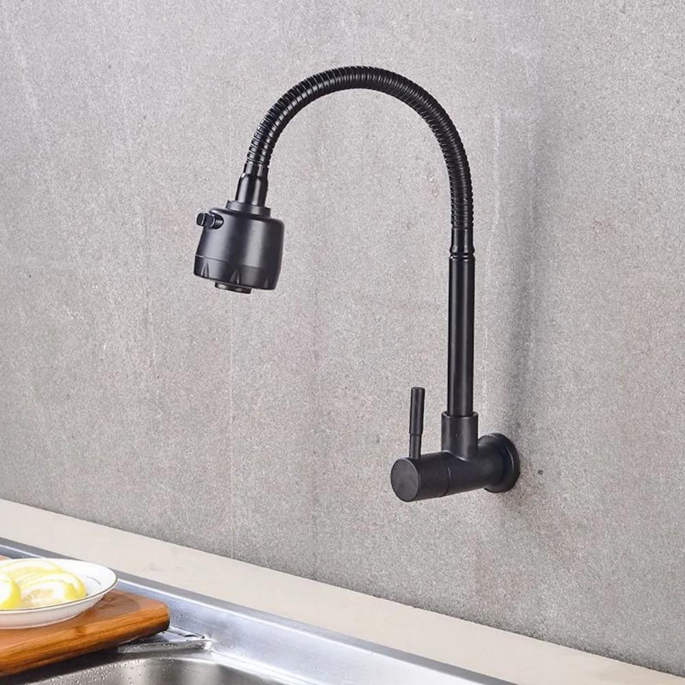 Wall Mounted Flexible Hose Kitchen Faucet Stainless Steel Rotatable Sink Faucet 2 Modes Black Water Tap Nozzle Restaurant